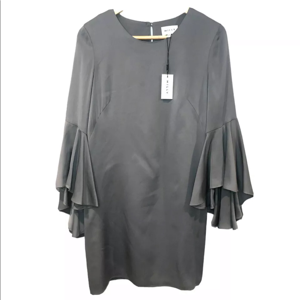 Milly Bell Flutter Sleeves Silk Grey Shift Dress